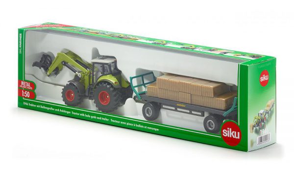 Siku-1946-Tractor-Claas-met-Balengrijper-en-Aanhanger