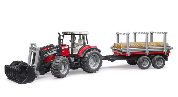 Bruder 02046 Tractor MF tractor 7480 met voorlader en houttransporter